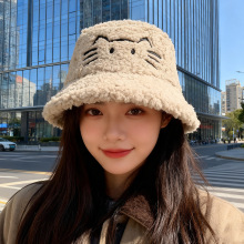 韩国东大门冬季新款帽子女羊羔毛小猫刺绣渔夫帽显脸小保暖水桶帽