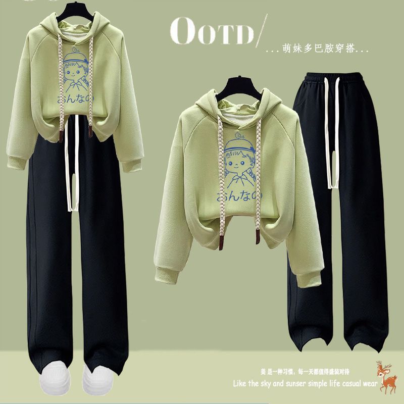 初中生春秋卫衣套装2025新款女孩洋气休闲连帽秋冬加绒两件套批发