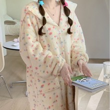 韩版ins女士冬季加厚保暖彩点毛毛海军领睡衣家居服女睡裙批发女