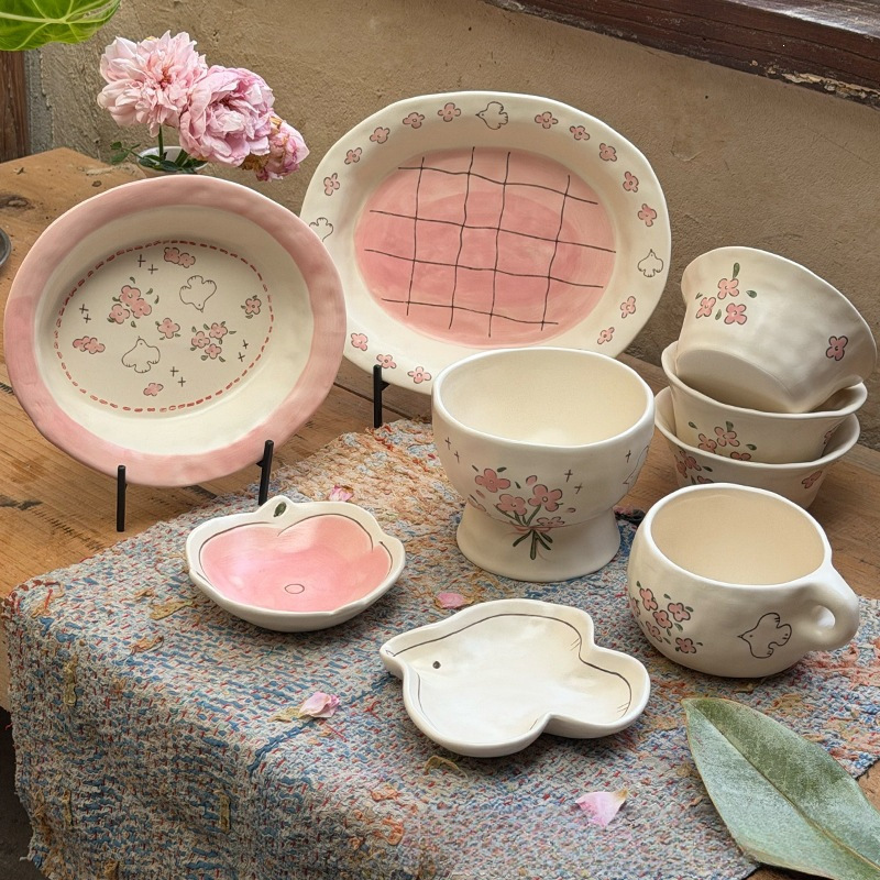 Wabi-sabi style spring letter cherry blossom hand-painted ceramic tall bowl Japanese rustic ceramic dessert bowl creative home tableware Wabi-sabi style spring letter cherry blossom hand-painted ceramic tall bowl Japanese rustic ceramic dessert bowl creative home tableware