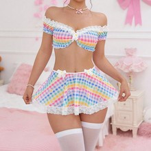 sexy lingerie欧美新款性感蕾丝彩色格子女装短裙套装情趣内衣