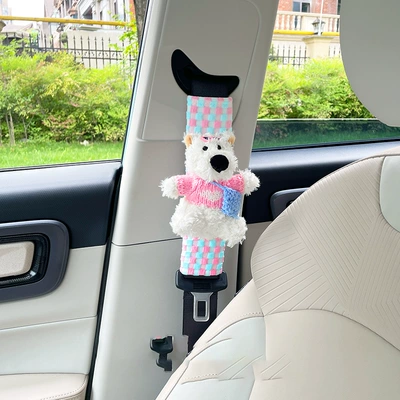 Plush Scribbled Dog Car Seat Belt Shoulder Cover Creative Car Seat Belt Anti-Strangle Protective Cover Car Interior Decoration (Seat belt shoulder pad) - pink-plaid-shoulder-cover-pink-puppy