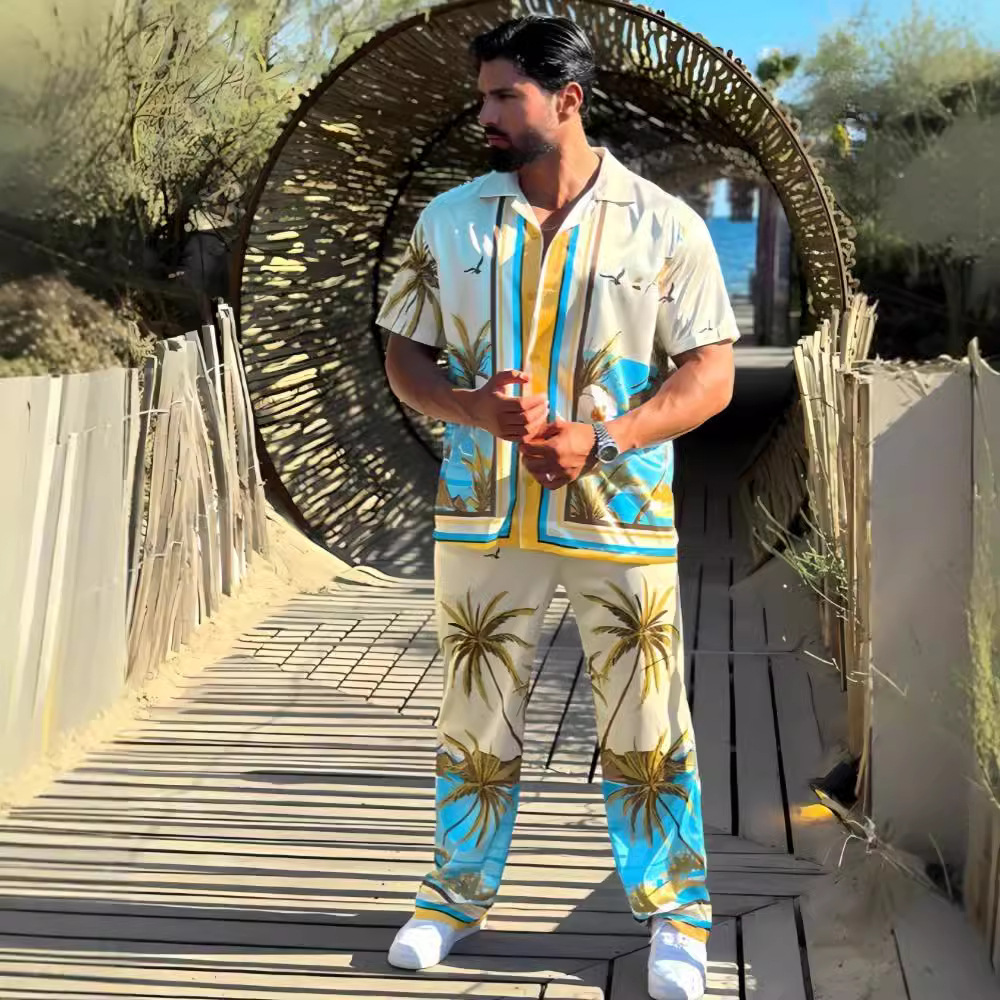 Neues Herrenhemd mit Print, lässiges Kurzarm-Set mit langer Hose für den Strand_voghion.com