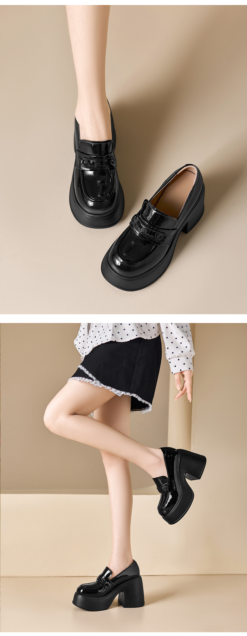 Giày loafer nữ gót vuông cao 10 cm da thật cổ sâu phong cách JK — màu đen, màu trắng ngà chi tiết 9
