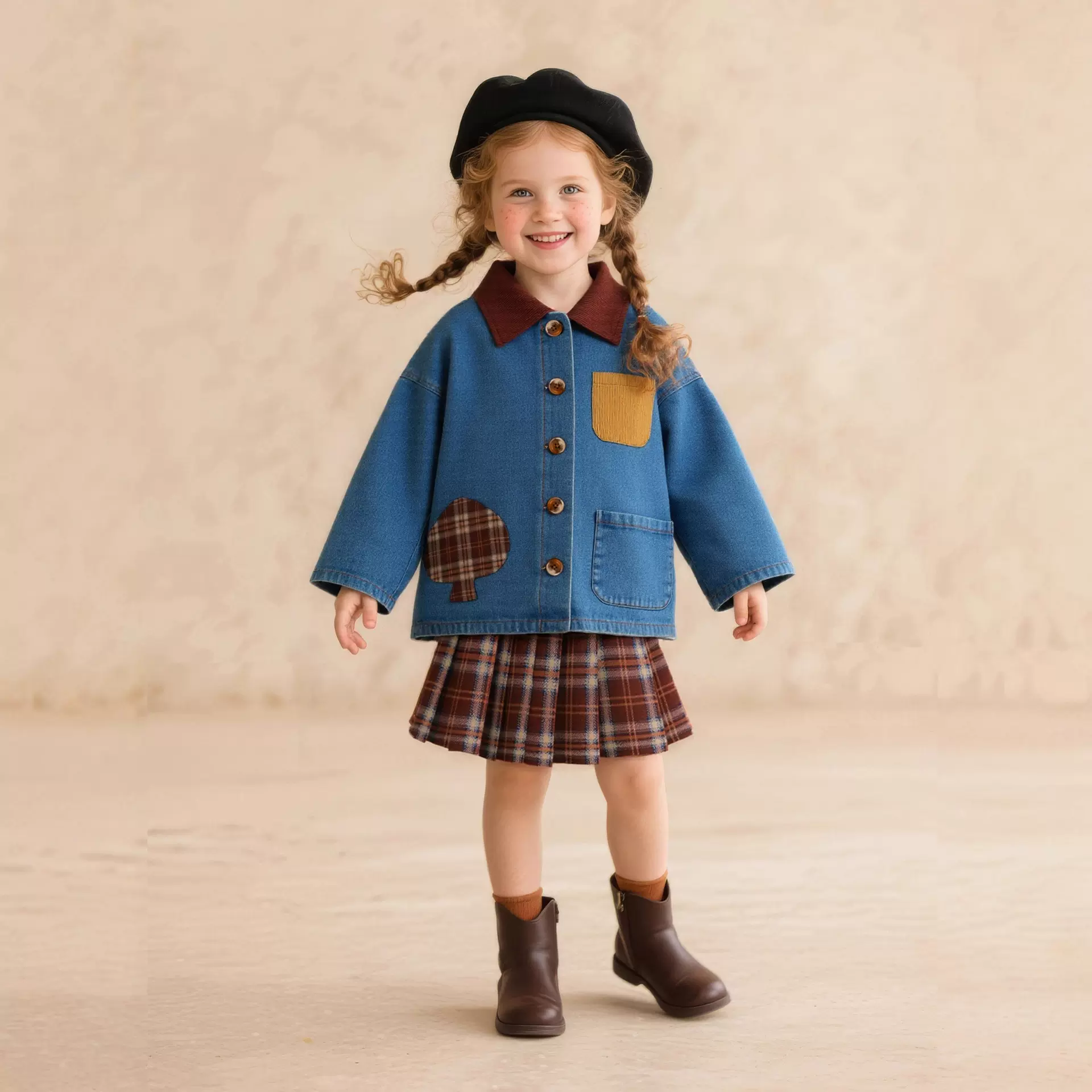 阿米拉童装2025年秋季新款女童拼色领牛仔衬衫儿童格纹贴布上衣