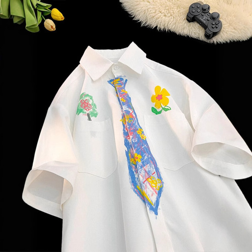 Crayon Hand-drawn Tie Short Sleeve Shirt Men Summer College Style Printed T-shirt Loose Plus Size Fun Doodle Shirt