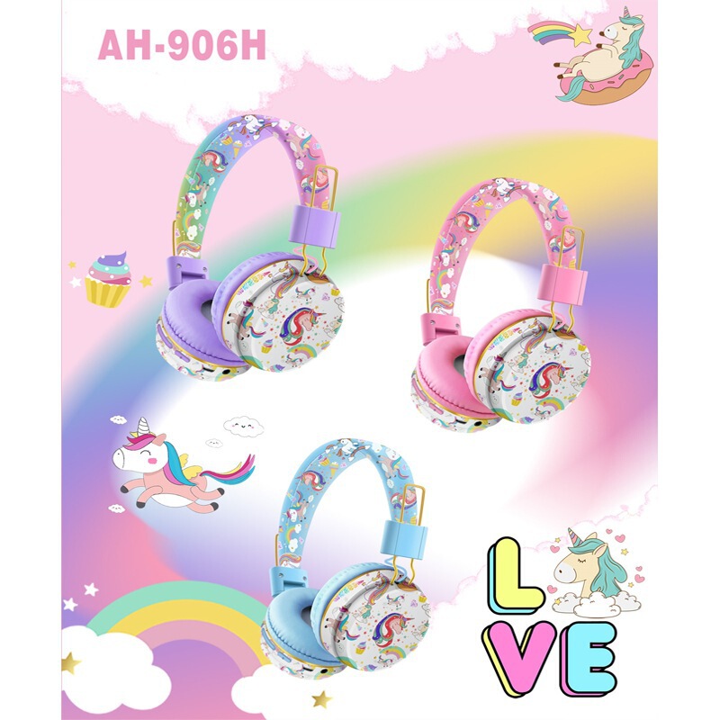Cross-border New AH-906H Cute Unicorn Cartoon Bluetooth Headset Children Learning Headset Wireless Folding