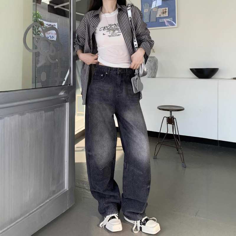 Real shot Korean version of cool low waist washed dark silhouette jeans women's drag sister casual pants autumn new fashion