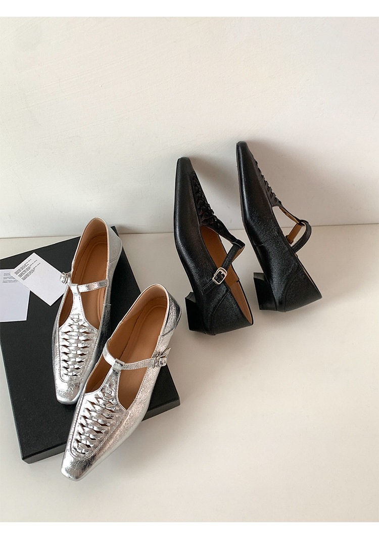 Giày Mary Jane nữ đan T-Strap da thật mũi vuông đế bệt — màu đen, bạc chi tiết 25