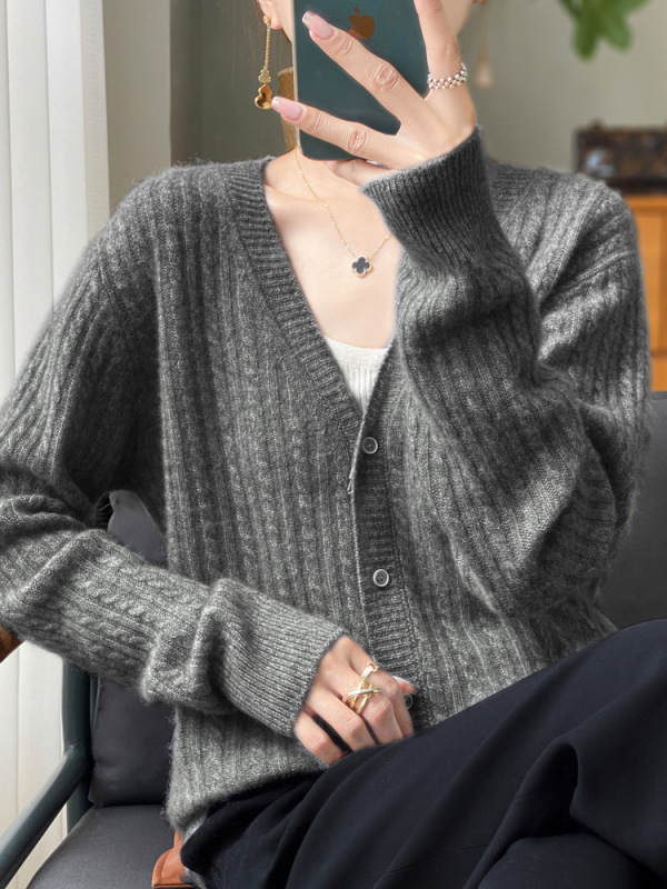 羊毛开衫女100纯羊毛春秋款V领扭花毛衣外套外搭针织衫打底衫|undefined