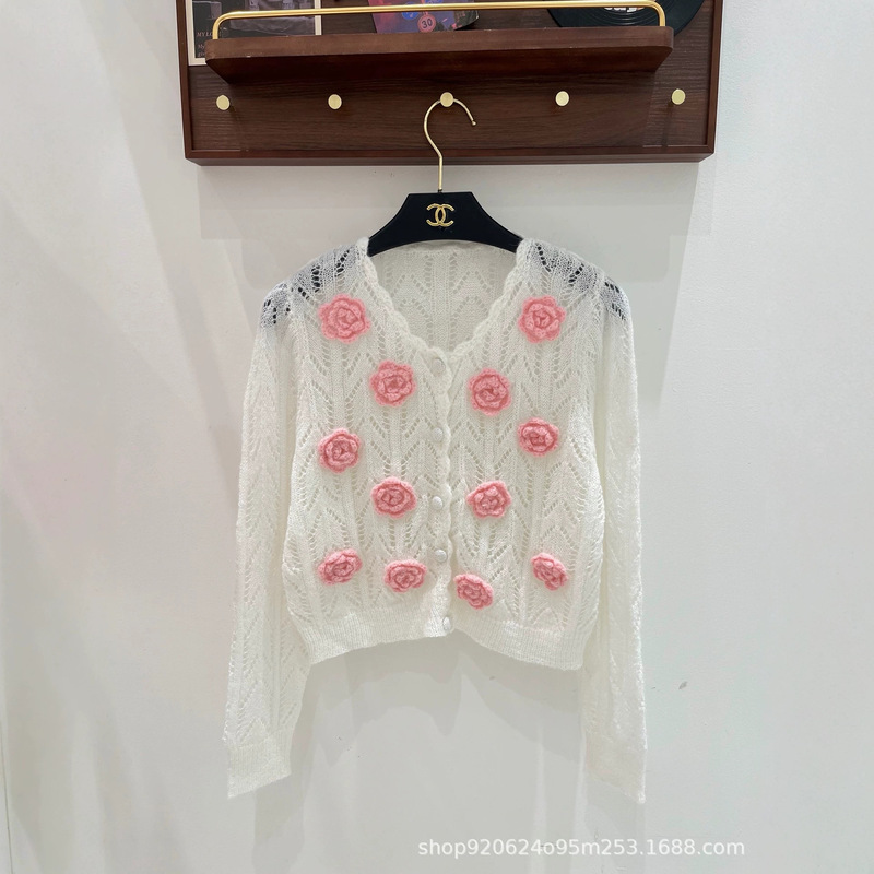 26 Autumn/Winter New Pink Floral Hollow Knit Cardigan