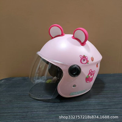 3c certified children's helmet boy Motosiklet kaskı (dəbilqə) - pink-strawberry-bear-transparent-long-mirror-rose-red-bear-ears