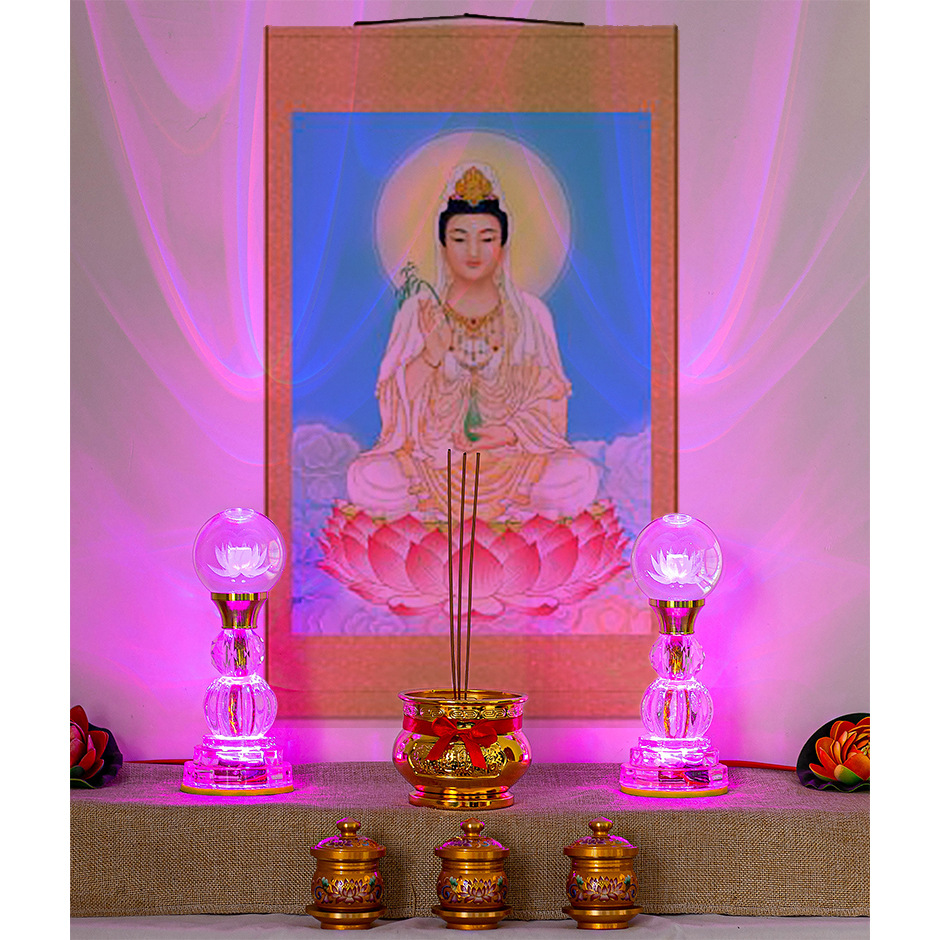 Đèn LED pha lê nhiều màu sắc hoa sen dùng cho đèn trước Phật, miếu hộ gia đình, Quan Công, Thần Tài, đèn Quan Âm, cặp cắm