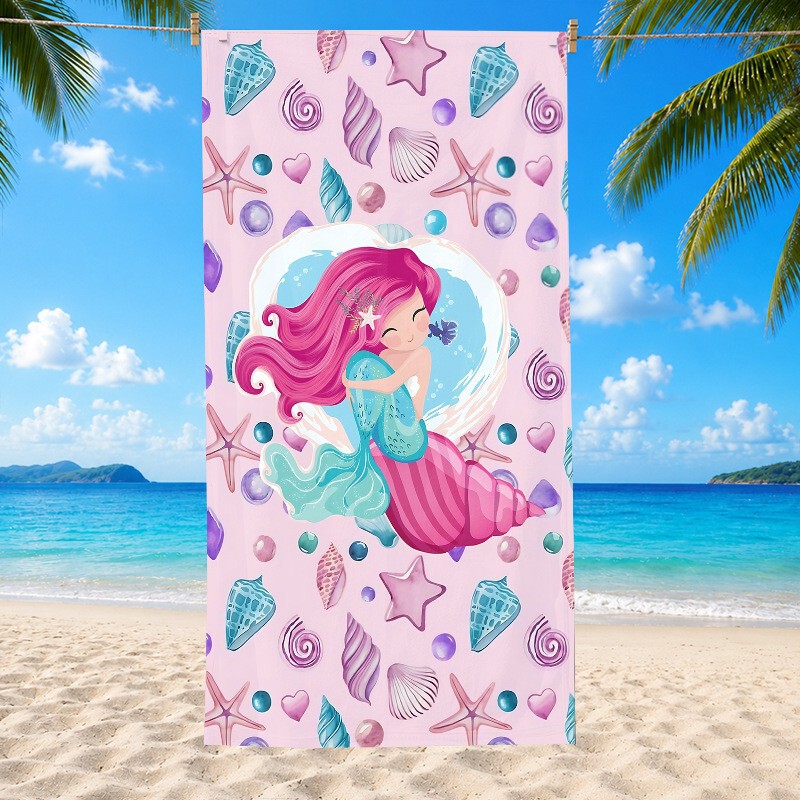 Cartoon Mermaid Print Pattern Beach Towel Microfiber Quick-Drying Absorbent Bath Towel Swimming Towel for Kidsren and Adults