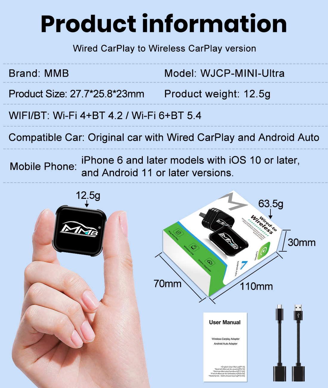 Factory Direct Supply Mmb Mini Wireless Carplay Box Wired to Wireless 2-in-1 Car Connectivity Converter