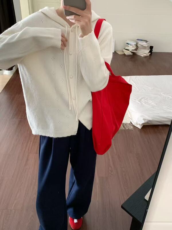 韩系外贸新款抽绳连帽单排扣镂空设计感宽松软糯休闲外套开衫女|undefined