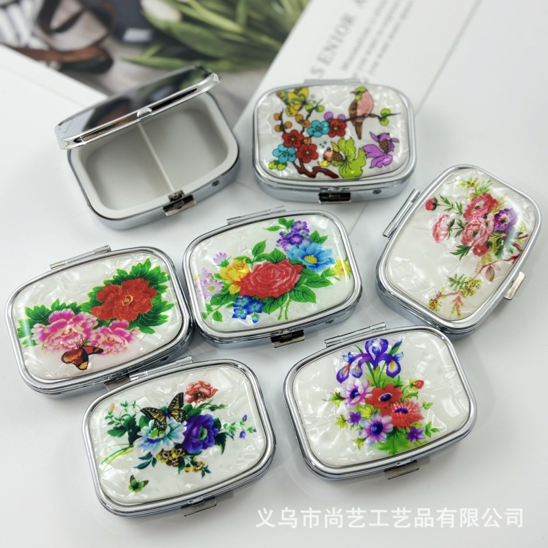跨境方形二格滴胶药丸盒 仿真花贝金属药盒 香膏盒 pillbox