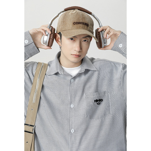 Retro Casual Color-blocked Vertical Striped Long-sleeve Shirt for Men Spring Summer Pocket Embroidered Couple Loose Collar Shirt Outerwear