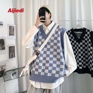 Sweater for Men, Sleeveless Style, Ins Vest, Lazy V-Neck Trendy Plaid Knitwear, Spring and Autumn Couple Style, Loose Checkerboard Design