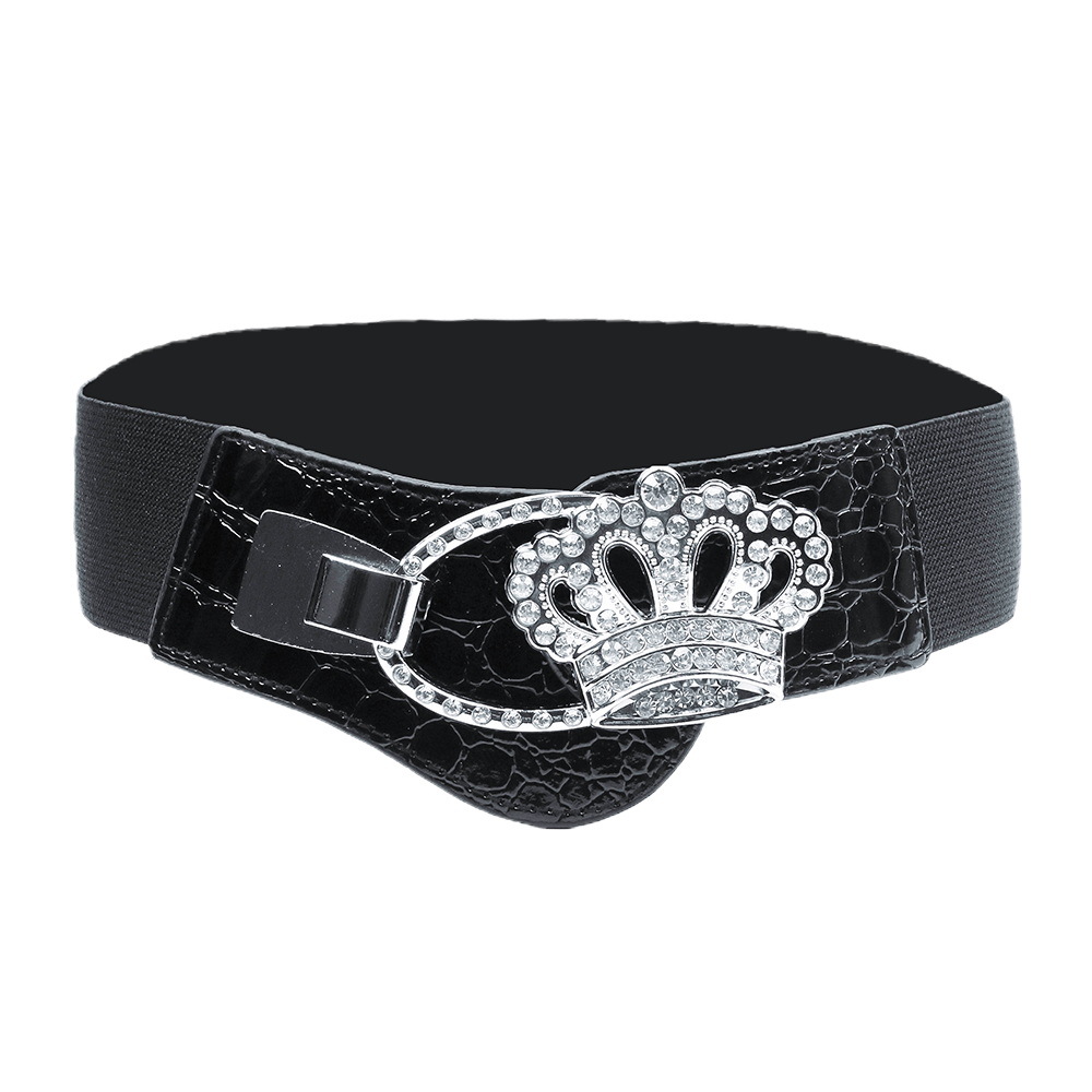 Cintura larga elastica nera alla moda da donna con decorazioni di diamanti, vestito, cappotto, chiusura in vita, strass, ragazza alla moda e paffuta_voghion.com