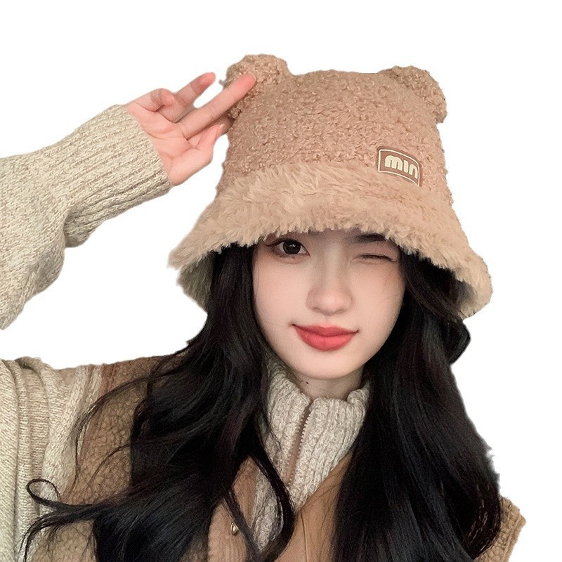 Nueva moda coreana de cordero sombrero de peluche para mujeres otoño y invierno caliente retro versátil más vello grueso sombrero de bañera muestra cara pequeña