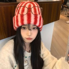 2025新款撞色条纹毛线帽女秋冬针织包头帽显脸小护耳保暖套头冷帽