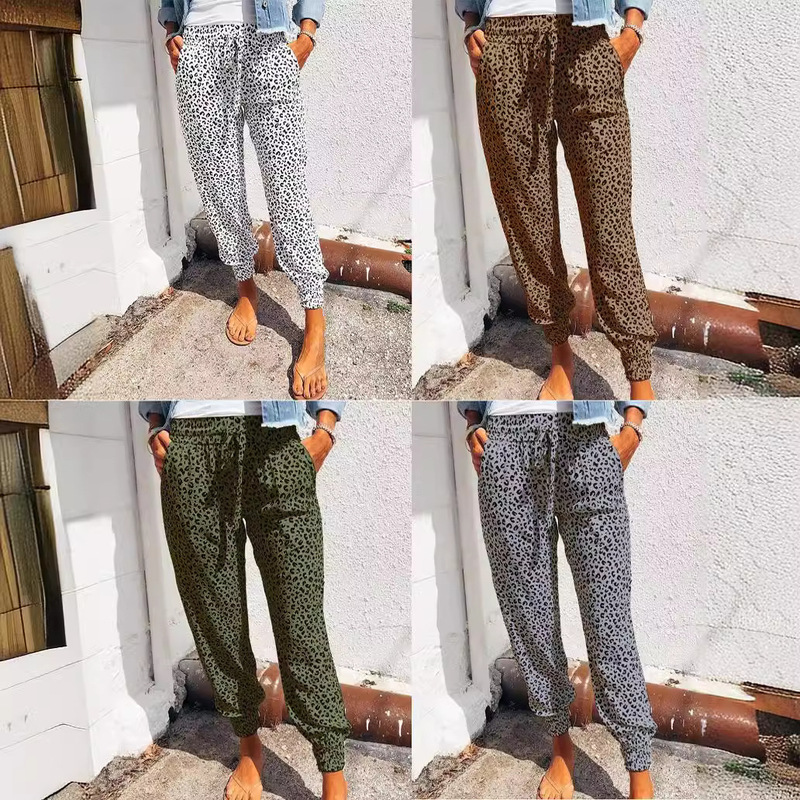 2024 New Cross-Border Hot-Selling Plus-Size Pants European and American High-Waisted Leopard Print Drawstring Elastic Waist Jogger Pants for Women in Four Colors and Eight Sizes