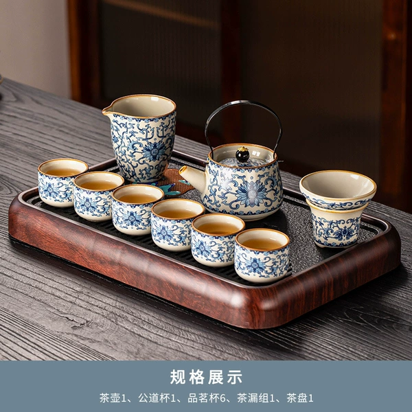 (Prosperity) 10-piece set of 6 cups and kettle + small tea tray with painted mountains and birds