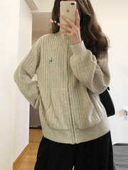 休闲慵懒风韩版宽松外搭立领针织上衣秋冬通勤开衫拉链毛衣外套女