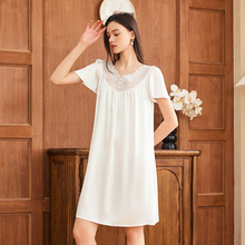 夏季凉感短袖重磅真丝睡裙蕾丝边宽松休闲居家连衣裙桑蚕丝绸睡衣