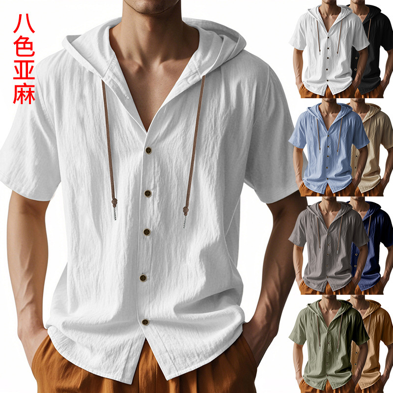 2025欧米夏の新型男性亜麻シャツカジュアル通気性男性フード付き半袖卸売外国貿易シンプル|undefined