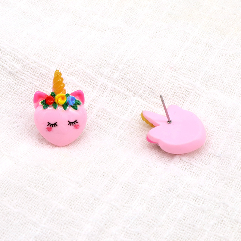 Boucles D&#39;oreilles Licorne Dessin Animé En Résine Rose Mode Coréenne display picture 4