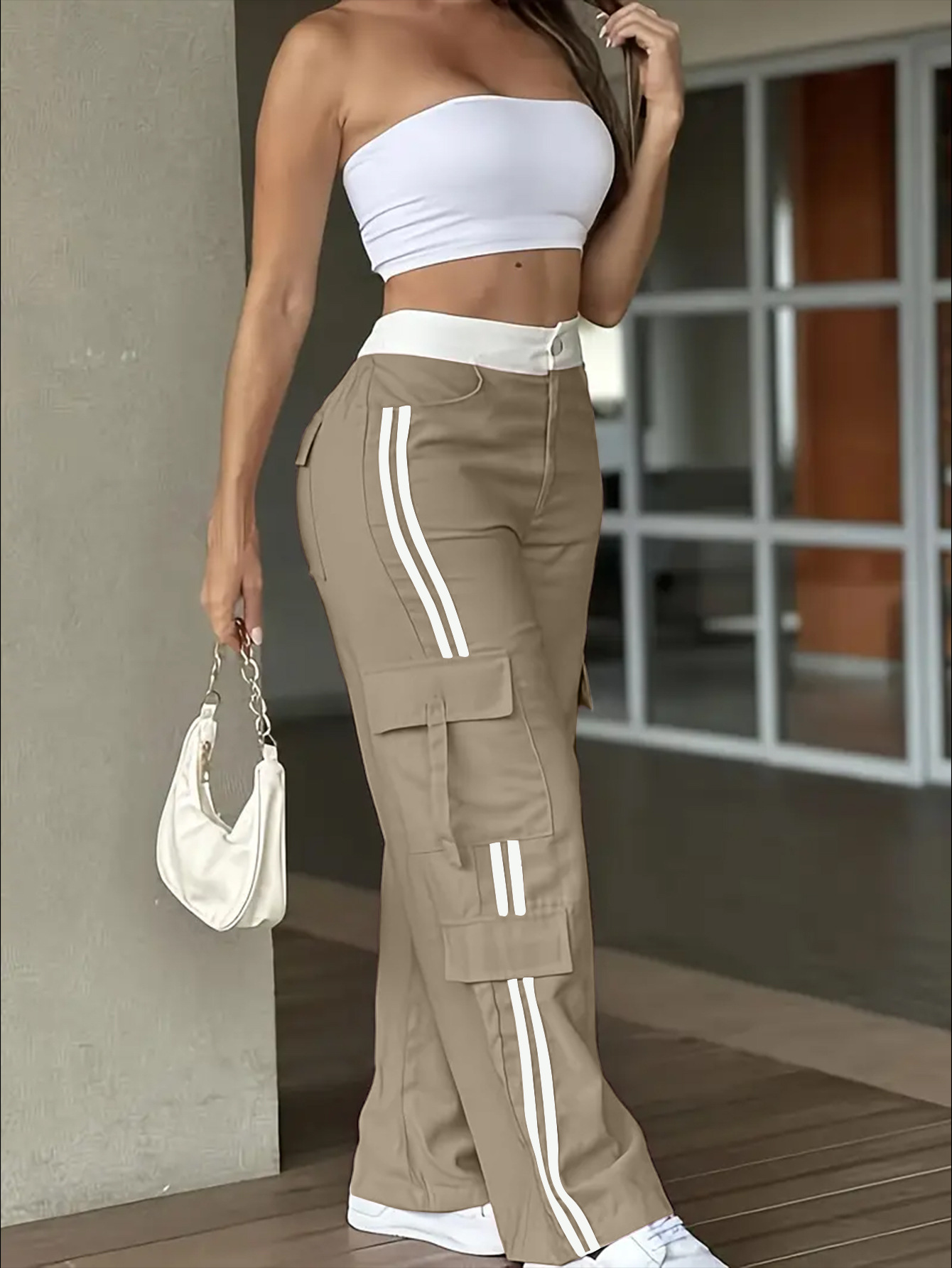 32DING - 965 pantalones rectos a rayas laterales Europa y América ropa de mujer al por mayor 2024 otoño nuevo estilo casual estilo universitario cuerda de dibujo image 3
