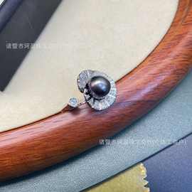 新款诸暨珍珠10-11天然海水珍珠大溪地黑珍珠戒指纯银戒托精工
