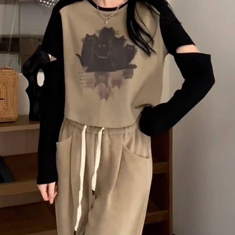 [40 Count 92 Cotton] Early Autumn Design, Slim, Fashionable, Casual and Creative Long-Sleeved Cut-Sleeved T-Shirt Bottoming Shirt