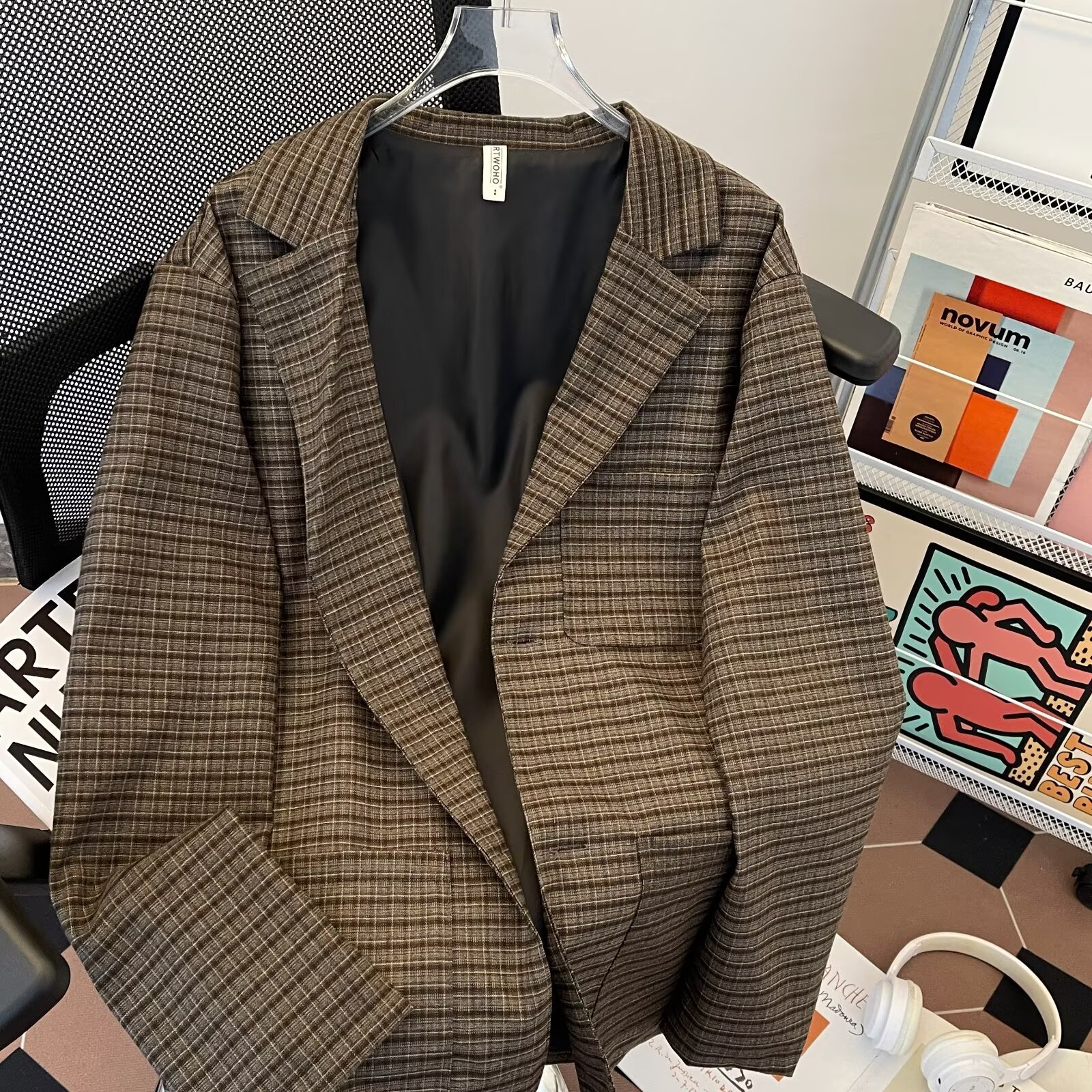 일본식 파인 격자 무늬 중간 길이 작은 세트 남자의 느슨한 가을 디자인 데프 레트로 세트 칼라 캐주얼 자켓