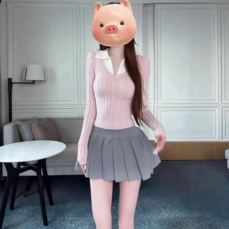 Korean Preppy Style Fake Two-Piece V Neck Stretch Knitted Long-Sleeved Sweater Bottoming Shirt Autum Fashion Super Nice Top