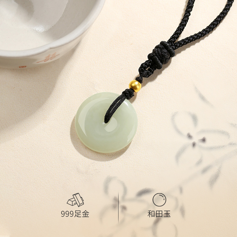 Hotan Jade Peace Buckle Pendant s999 Full Gold Necklace Women's Chinese Style Handmade Diy Woven Small Jewelry Wholesale