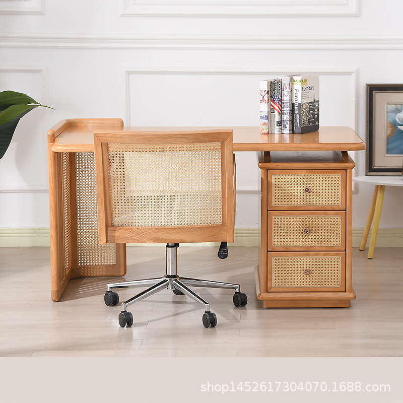 Nordic ins Japanese-Style Rattan Log Desk Bedroom Study Desk Home Office Writing Desk Storage Workbench