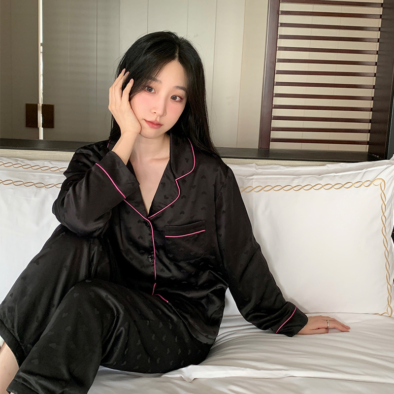 【提花桃心】轻奢少女风睡衣女丝绸长袖口袋款秋冬加绒家居服套装