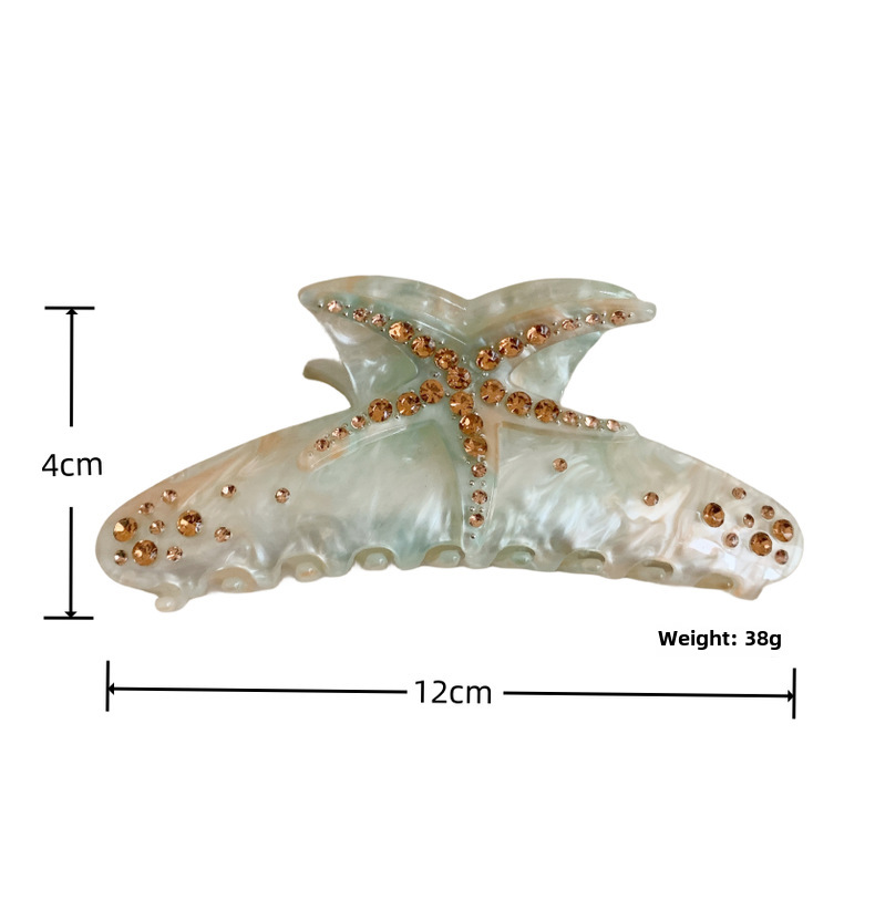 Haarnadel mit originellem Design, mit Diamanten besetzte Seestern-Haarspange, übergroße Haifisch-Haarspange, dreidimensionale Haarspange in Acetat-Temperamentfarbe_voghion.com