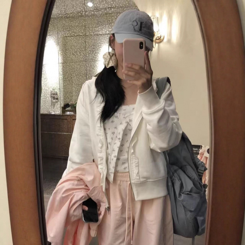 韩国coyseio Rei直井怜同款褶皱花边拼接拉链连帽卫衣百搭女外套|undefined