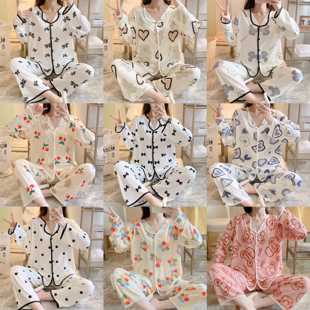 Pijamas de comercio exterior de las mujeres de manga larga cardigan melocotón corazón oso solapa pequeña ropa de hogar fresca traje de dos piezas transfronteriza mujeres lindas