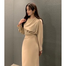 韩国chic春秋季气质小众设计褶皱长袖连衣裙女中长款收腰系带长裙