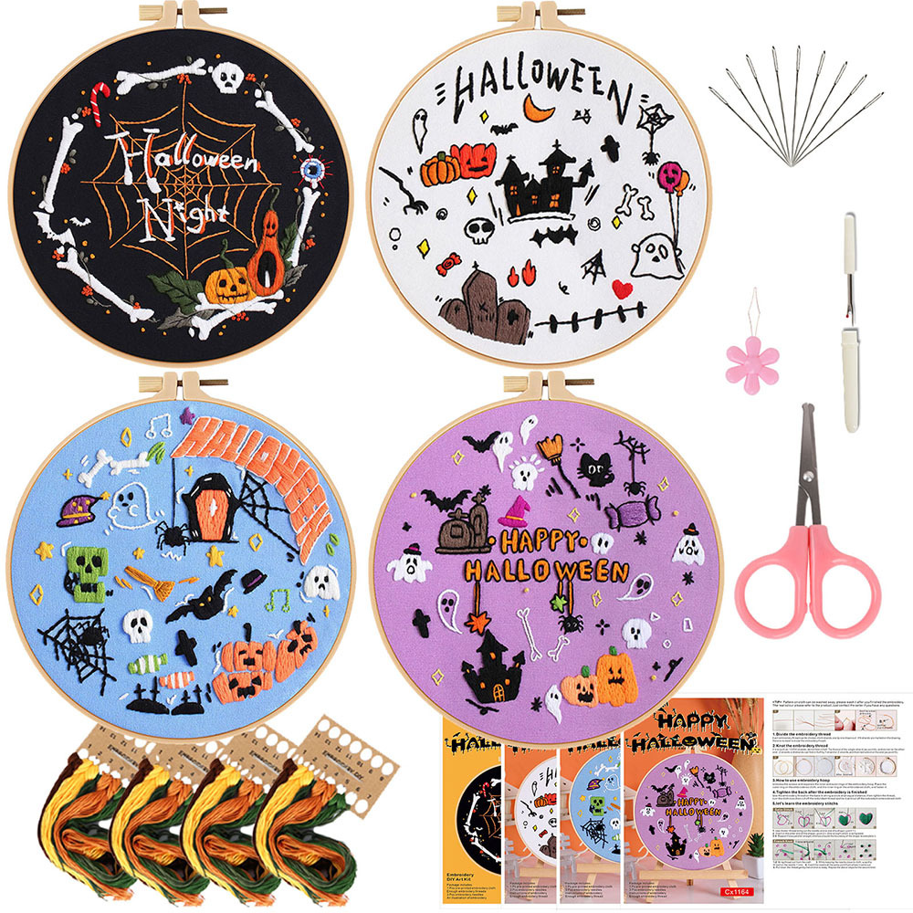 Original nuevo paquete de materiales bordados DIY a mano 2025 Halloween murciélagos calabaza gatos combinación de inglés transfronterizo