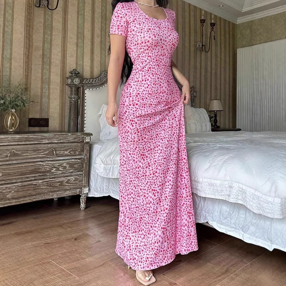 Women's Clothing Cross-Border Amazon Tk Aliexpress Hot-Selling Women's Clothing 2026 Summer New Fashion Printed U-Neck Back-Tie Style