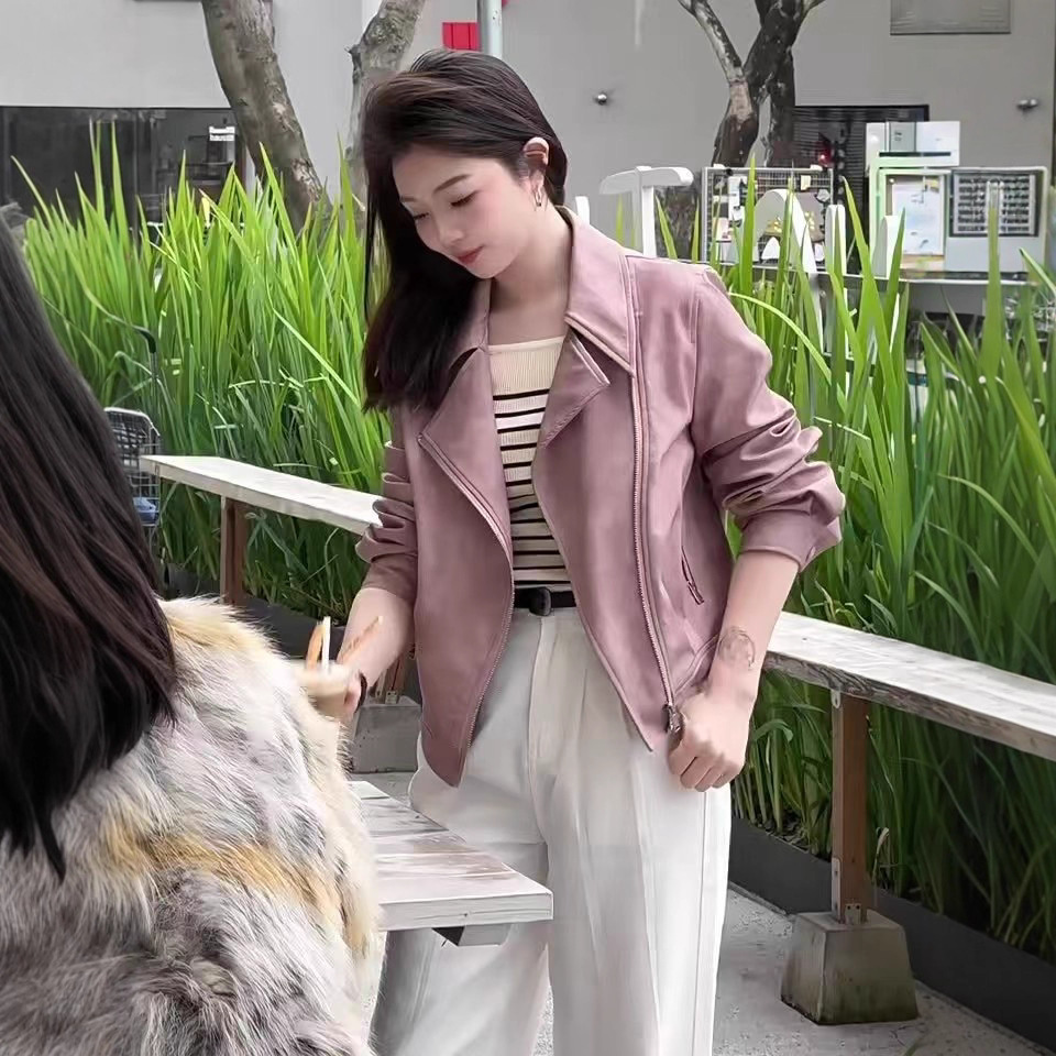 2025 Spring and Autumn New Style Deerskin Velvet Jacket Women's Short Motorcycle Suit Popular Casual Small Leather Suit Collar Jacket