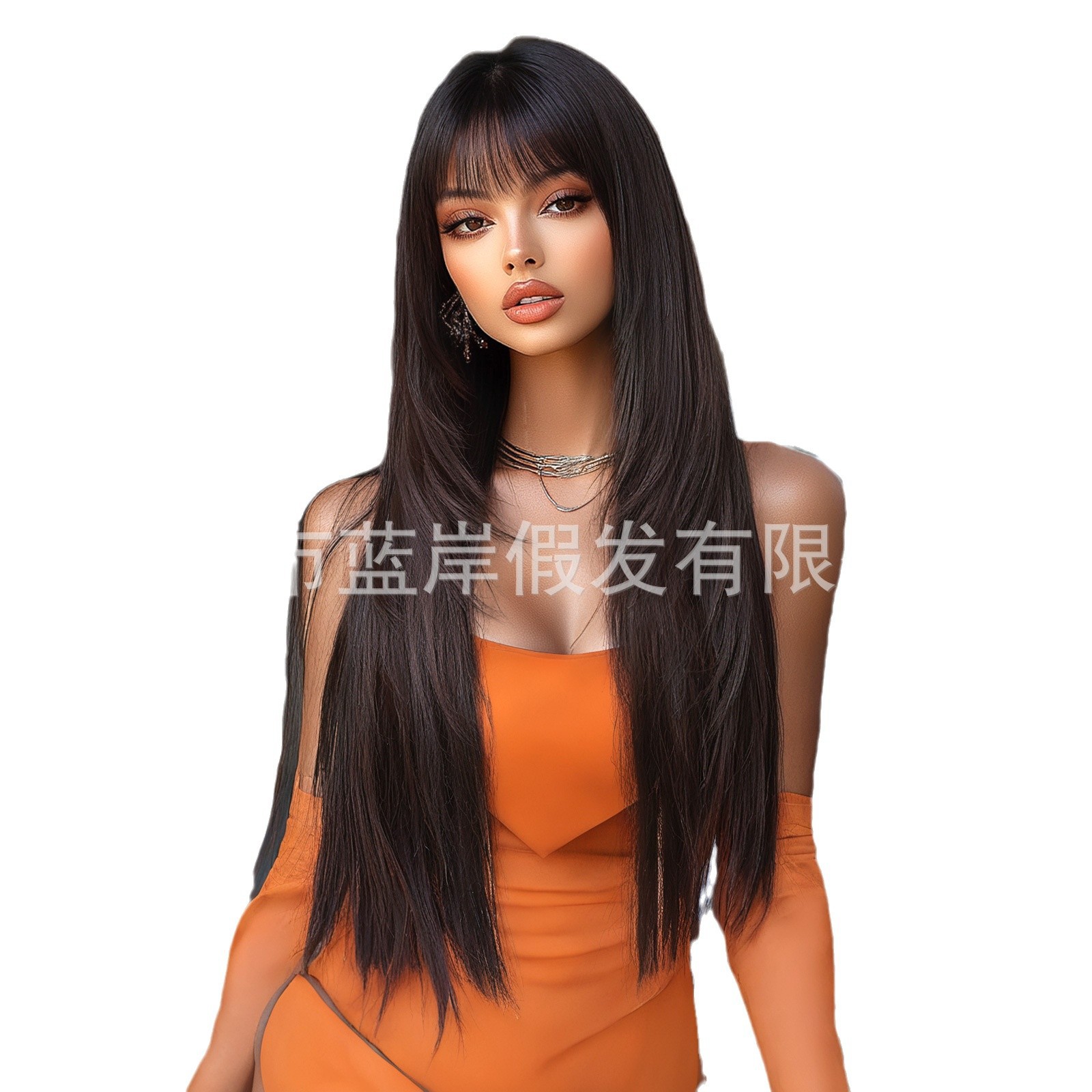 Transfronterizo nueva peluca femenina pura deseo aire bang 30 pulgadas capa marrón negro sentido largo cabello recto cubierta de cabeza
