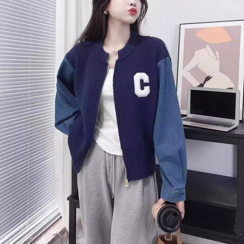 韩系拼接针织开衫毛衣女2025秋冬季设计感撞色长袖上衣牛仔袖外套|undefined
