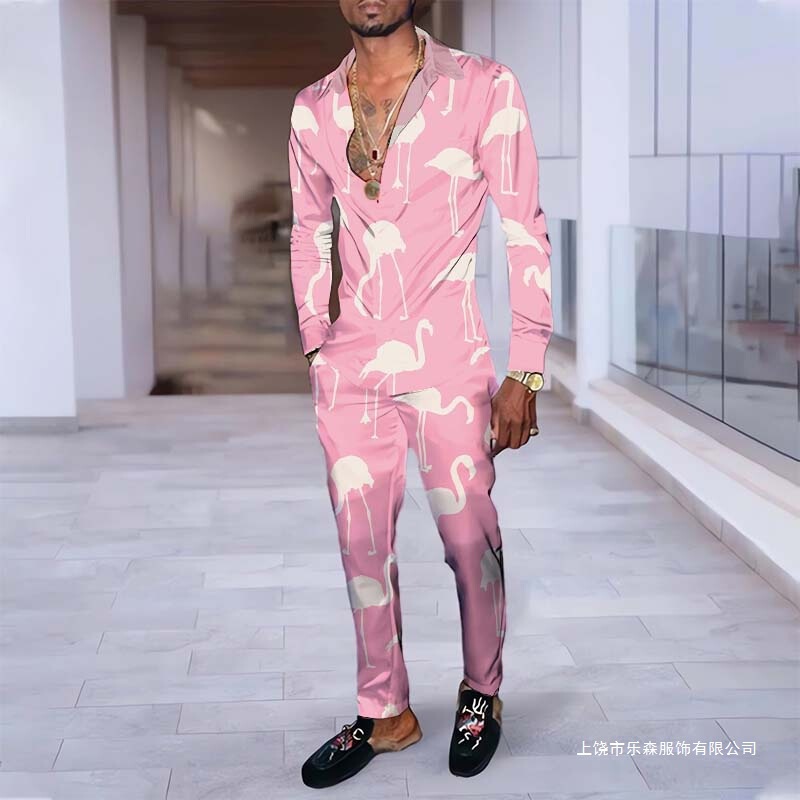 2025 Summer Casual Lapel Casual Long Sleeve Shirt Flamingo 3D Digital Printing Cross-Border Comfort Suit 2025 Summer Casual Lapel Casual Long Sleeve Shirt Flamingo 3D Digital Printing Cross-Border Comfort Suit